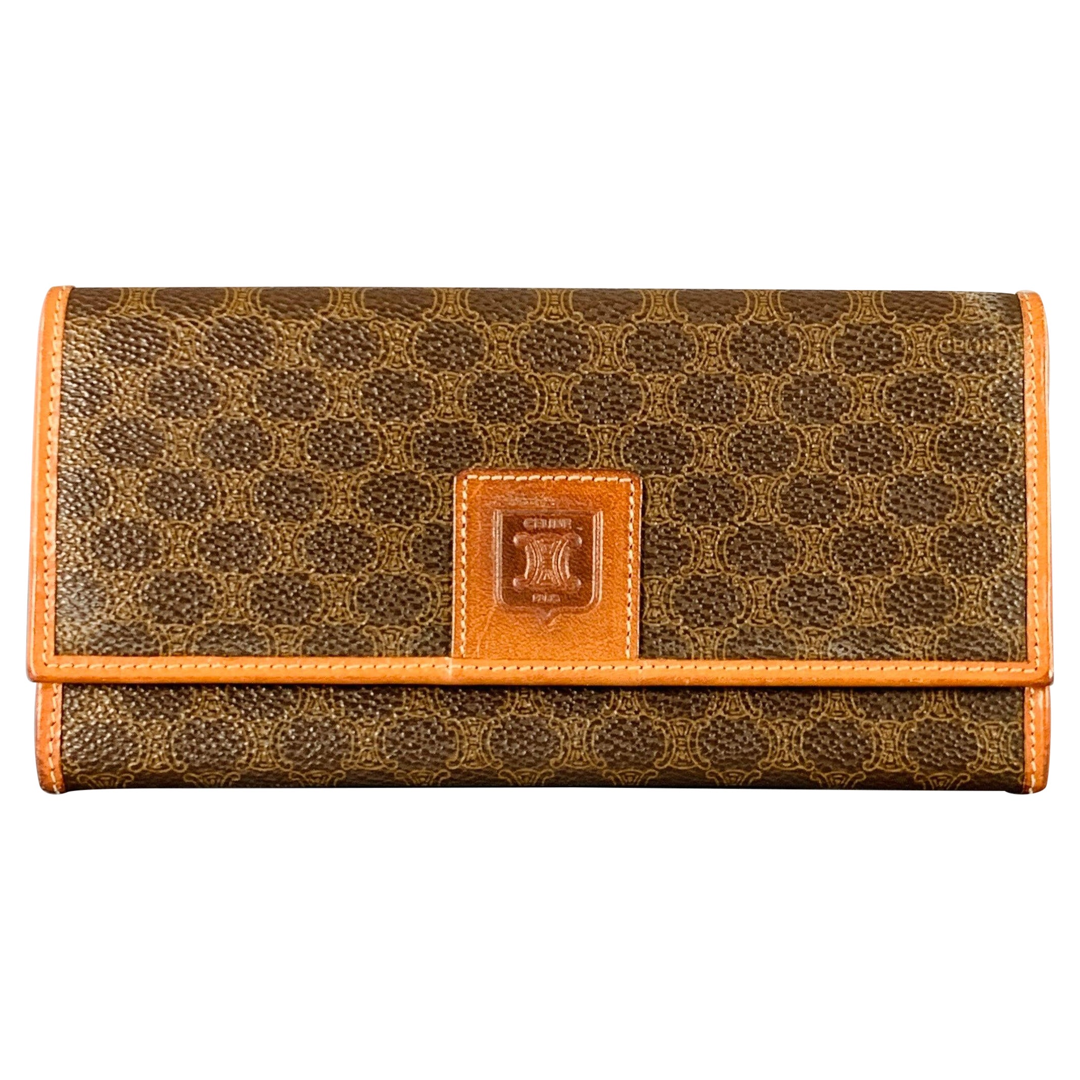 CELINE Brown Tan Logo Coated Canvas Checkbook Wallet For Sale