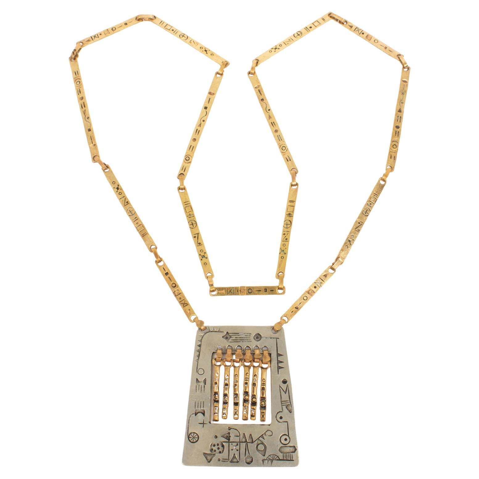 Modernist Brass and Silvered Metal Hieroglyph Ethnic Graffiti Necklace For Sale