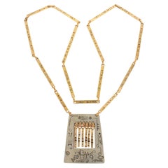 Modernist Brass and Silvered Metal Hieroglyph Ethnic Graffiti Necklace