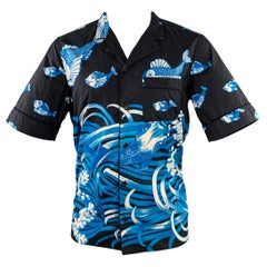 VALENTINO Size S Black White Blue Koi Fish Cotton One Pocket Camp Short Sleeve Shirt