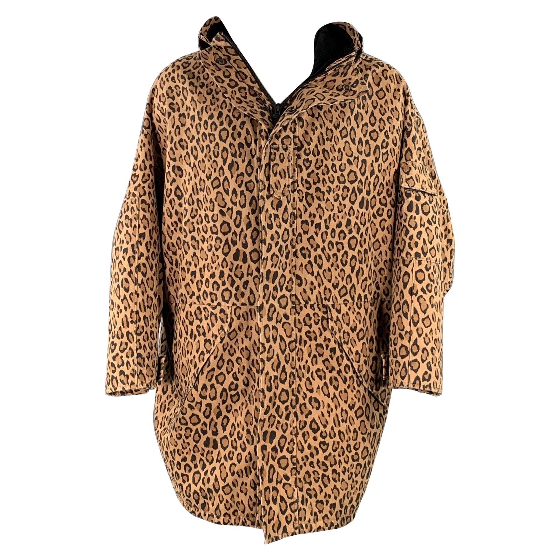 R13 Size S Tan Black Animal Print Oversized Hooded Parka Coat en vente