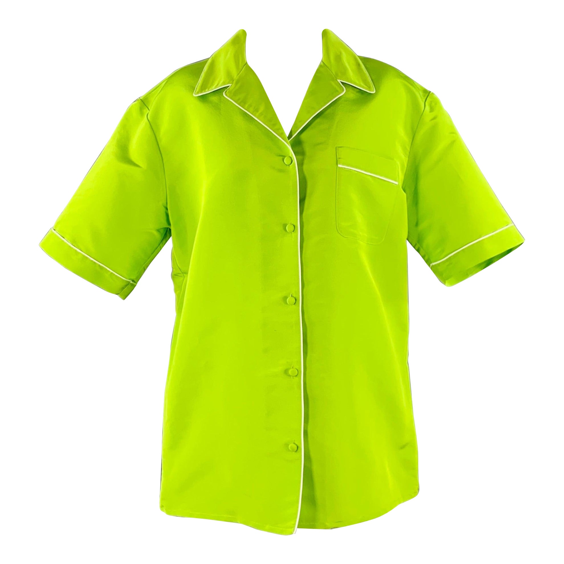 MAISON VALENTINO 2022 Size S Neon Green White Silk One Pocket Oversized Camp Shirt en vente