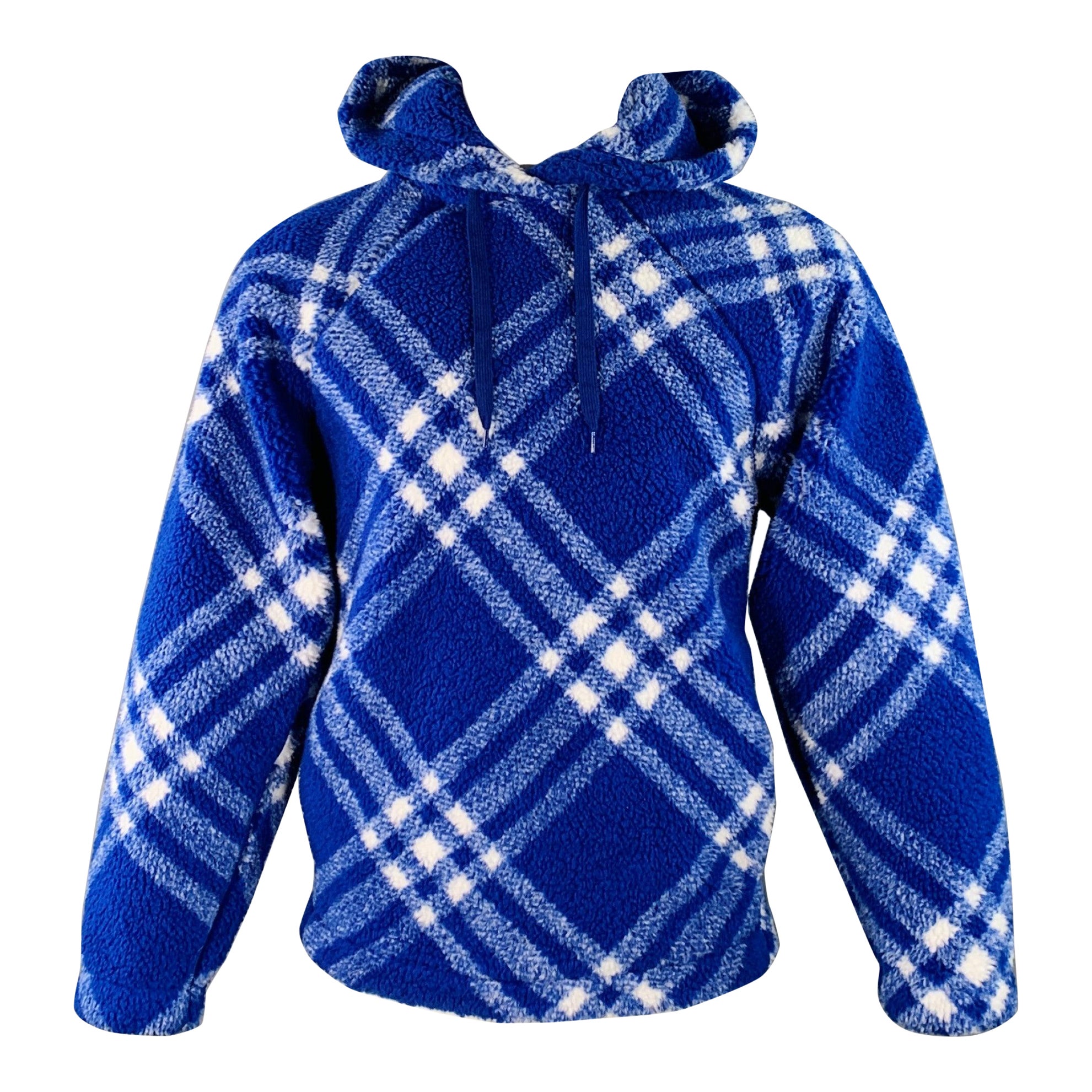 BURBERRY Size XS Blue White Plaid Acrylic Blend Fleece Hoodie Pullover Jacket For Sale