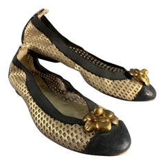 CHANEL Size 10 Gold Black Mesh Textured Ballet Flats
