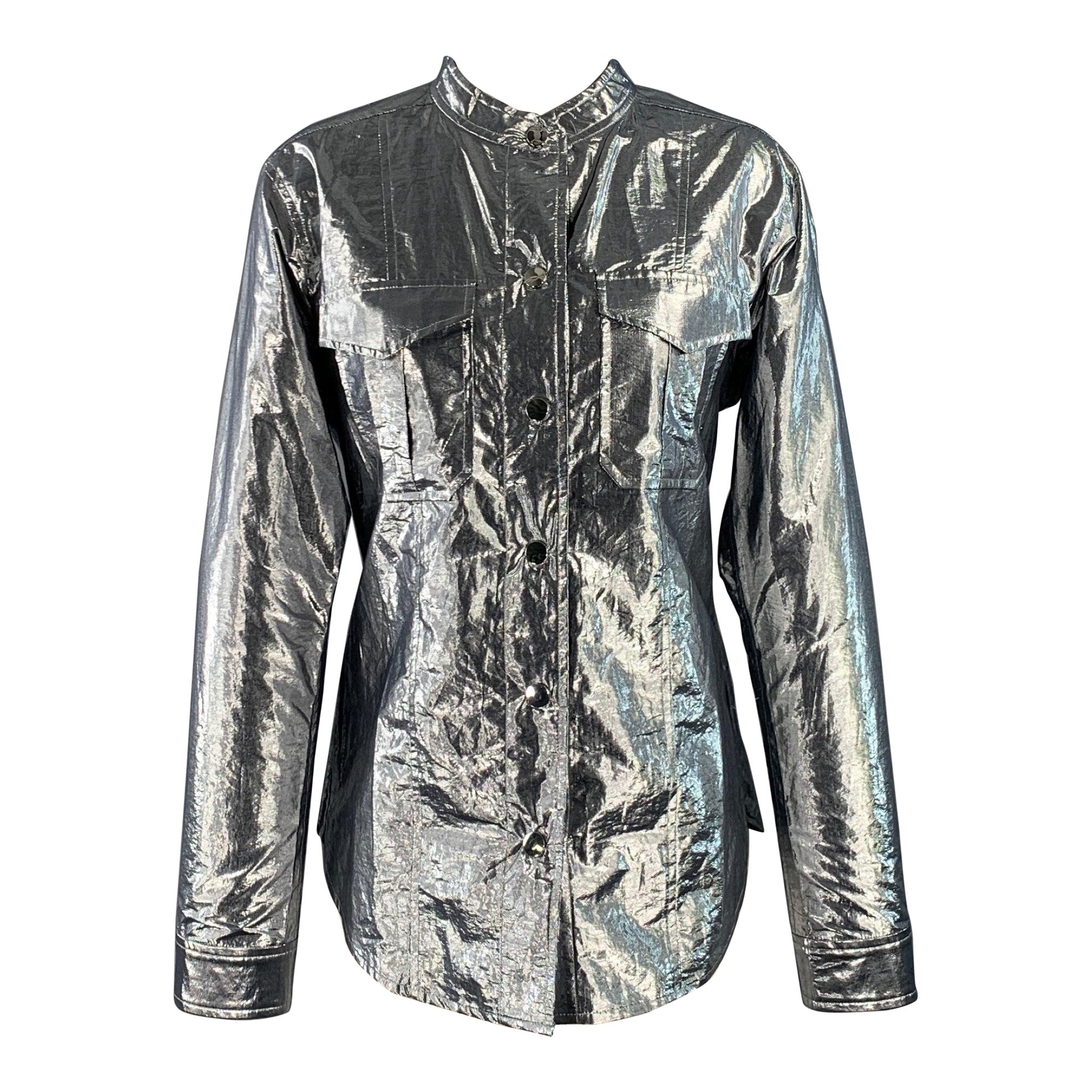 A.L.C. Size 4 Metallic Silver Cotton Blend Snaps Collarless Jacket For Sale