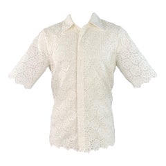 VALENTINO 2021 Taille M Chemise à manches courtes en dentelle blanche et coton mélangé à patte cachée