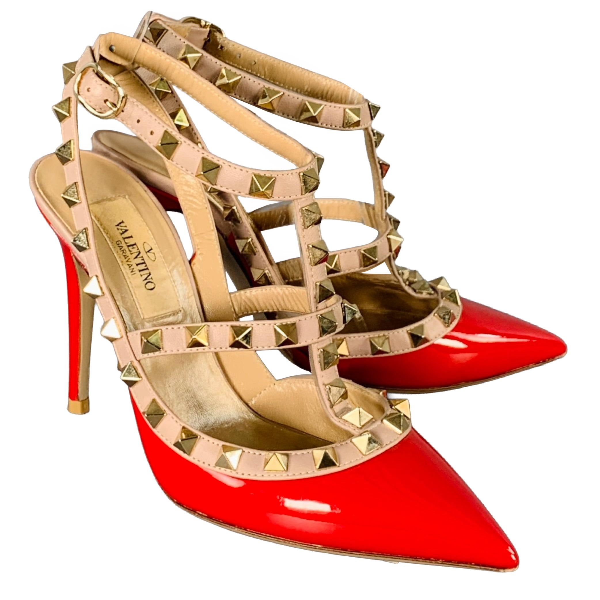 VALENTINO Size 4 Rockstud Red Nude Gold Studded T- Strap Pumps For Sale