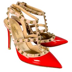 VALENTINO Size 4 Rockstud Red Nude Gold Studded T- Strap Pumps