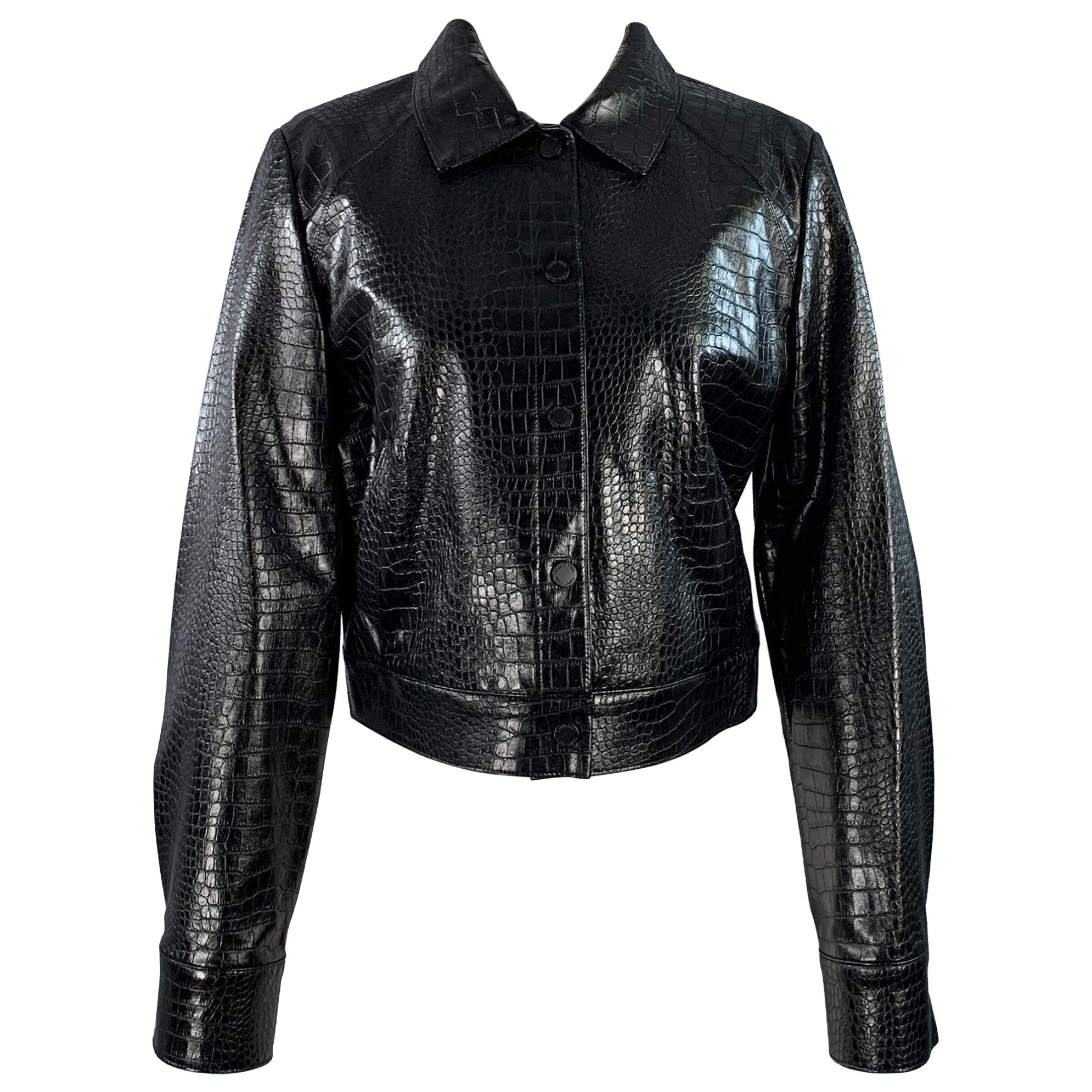 CALVIN KLEIN Size 8 Black Faux Leather Croc Embossed Snaps Jacket For Sale