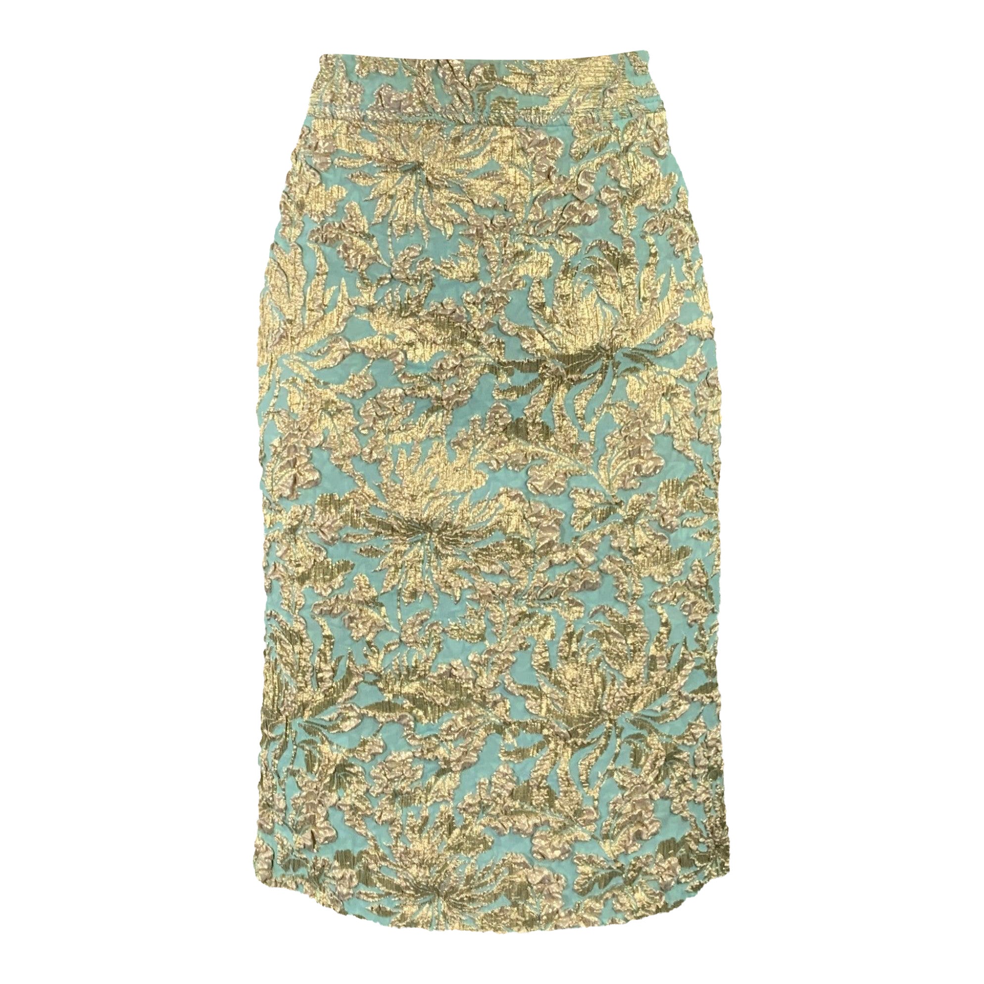 Dolce & Gabbana Taille 4 Jupe crayon en soie mélangée verte et dorée Fleur de lis en vente
