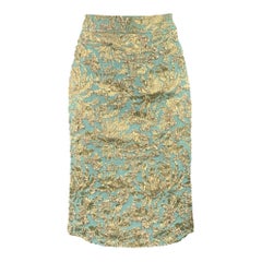 Dolce & Gabbana Taille 4 Jupe crayon en soie mélangée verte et dorée Fleur de lis