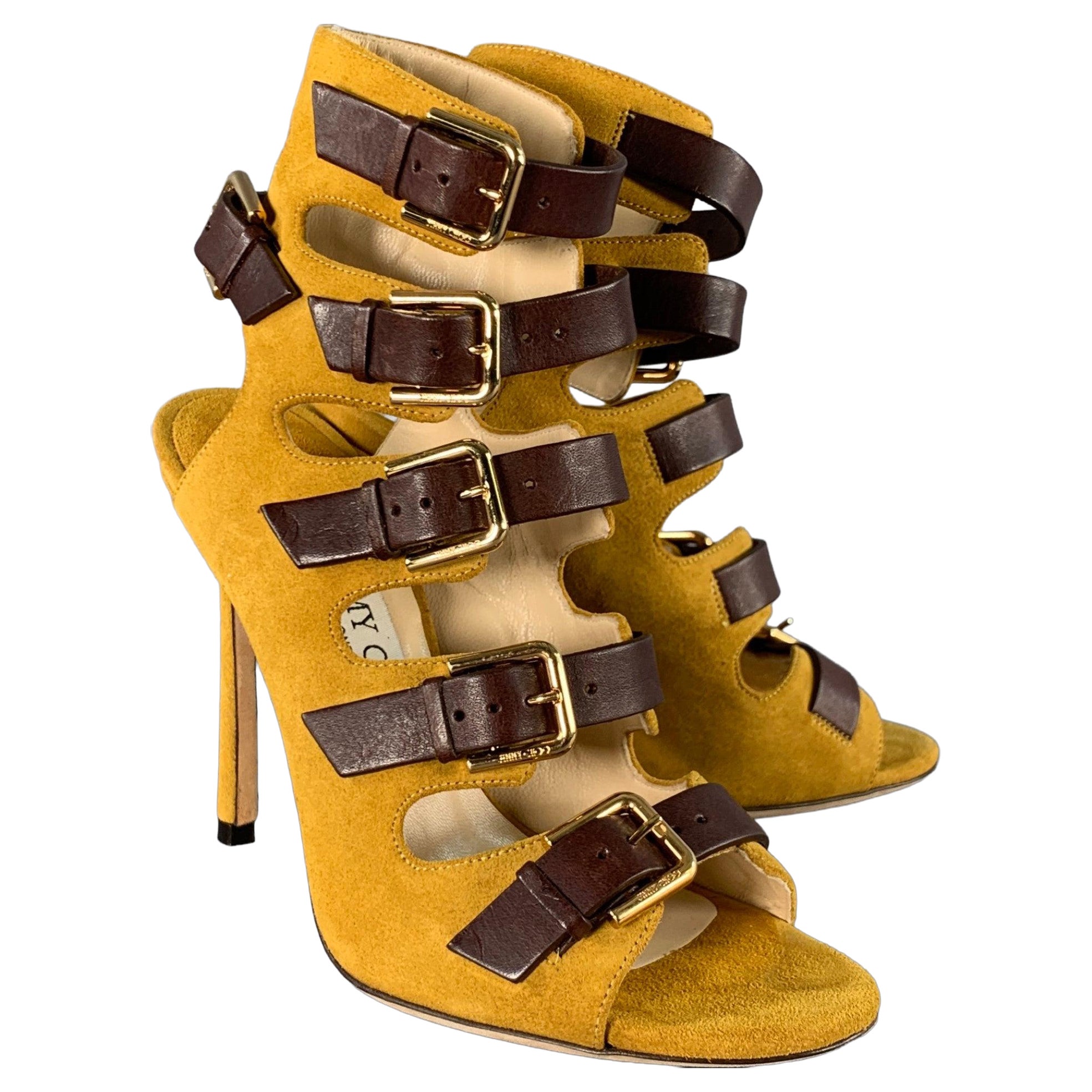 JIMMY Choo Taglia 4,5 Giallo Marrone Stivali con Fibbia a Spillo in Pelle Scamosciata in vendita