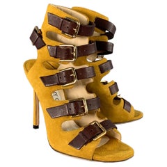 JIMMY Choo Taglia 4,5 Giallo Marrone Stivali con Fibbia a Spillo in Pelle Scamosciata