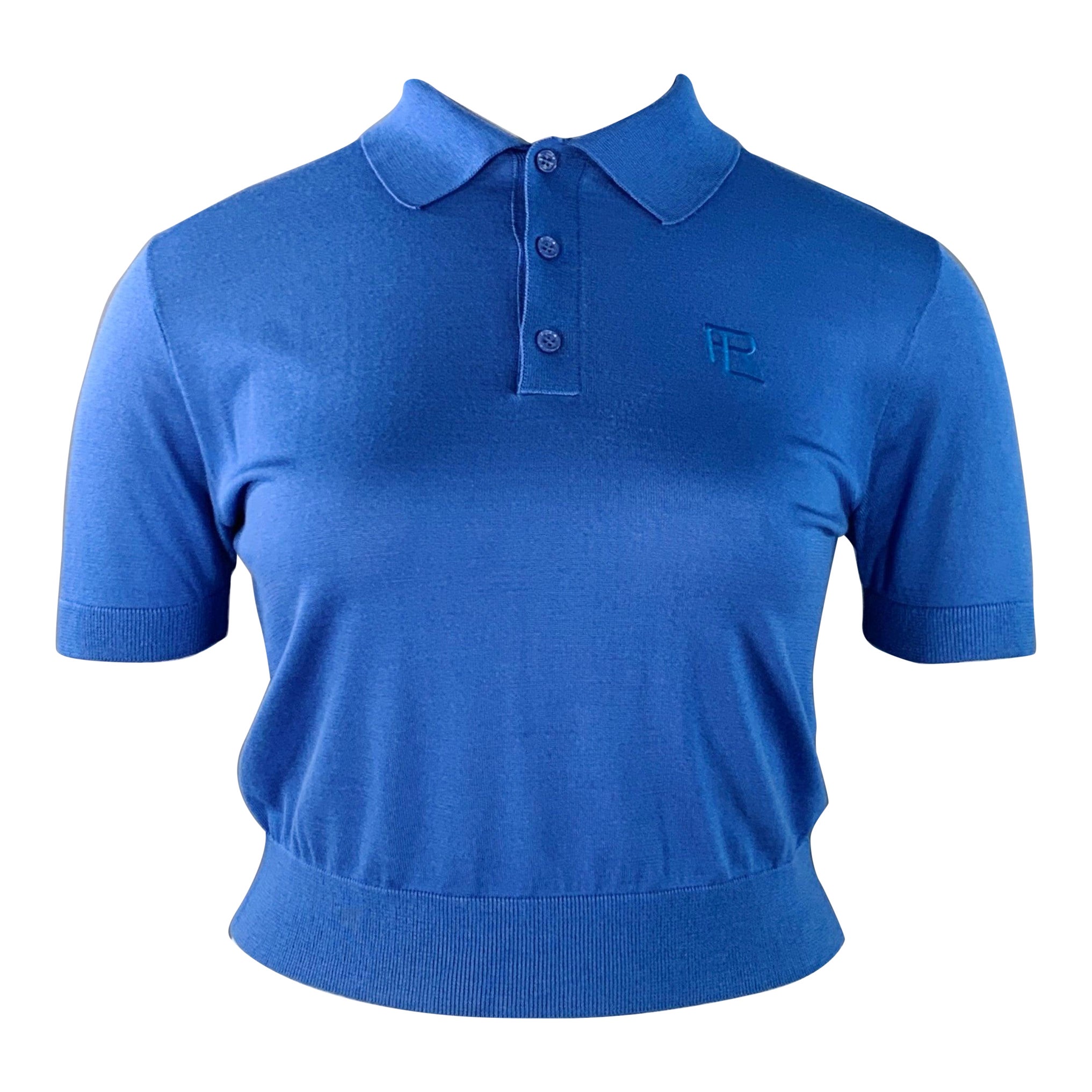 RALPH LAUREN COLLECTION Size L Bleu Mulberry Silk Embroidered Polo Casual Top en vente