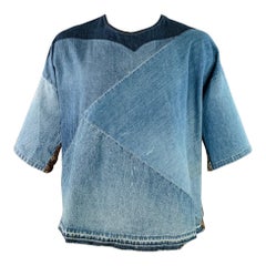 KAPITAL Camiseta cuello redondo patchwork algodón mezcla azul marrón talla L