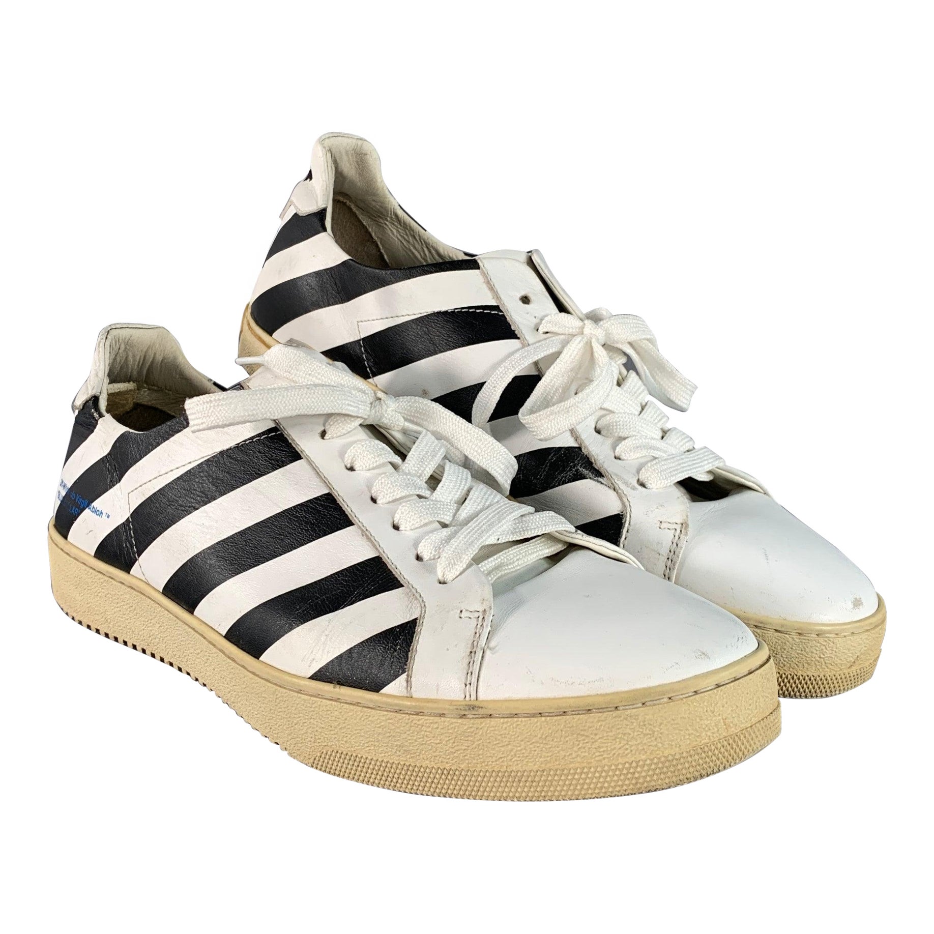 OFF-WHITE Größe 9 Schwarz Weiß Gestreift Leder Turnschuhe im Angebot