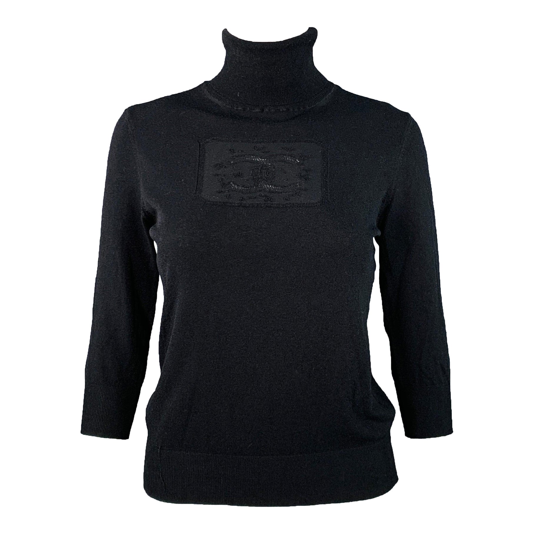 CHANEL Vintage Spring 2003 Size 8 Black Rayon Blend Jersey Logo Turtleneck Casual Top