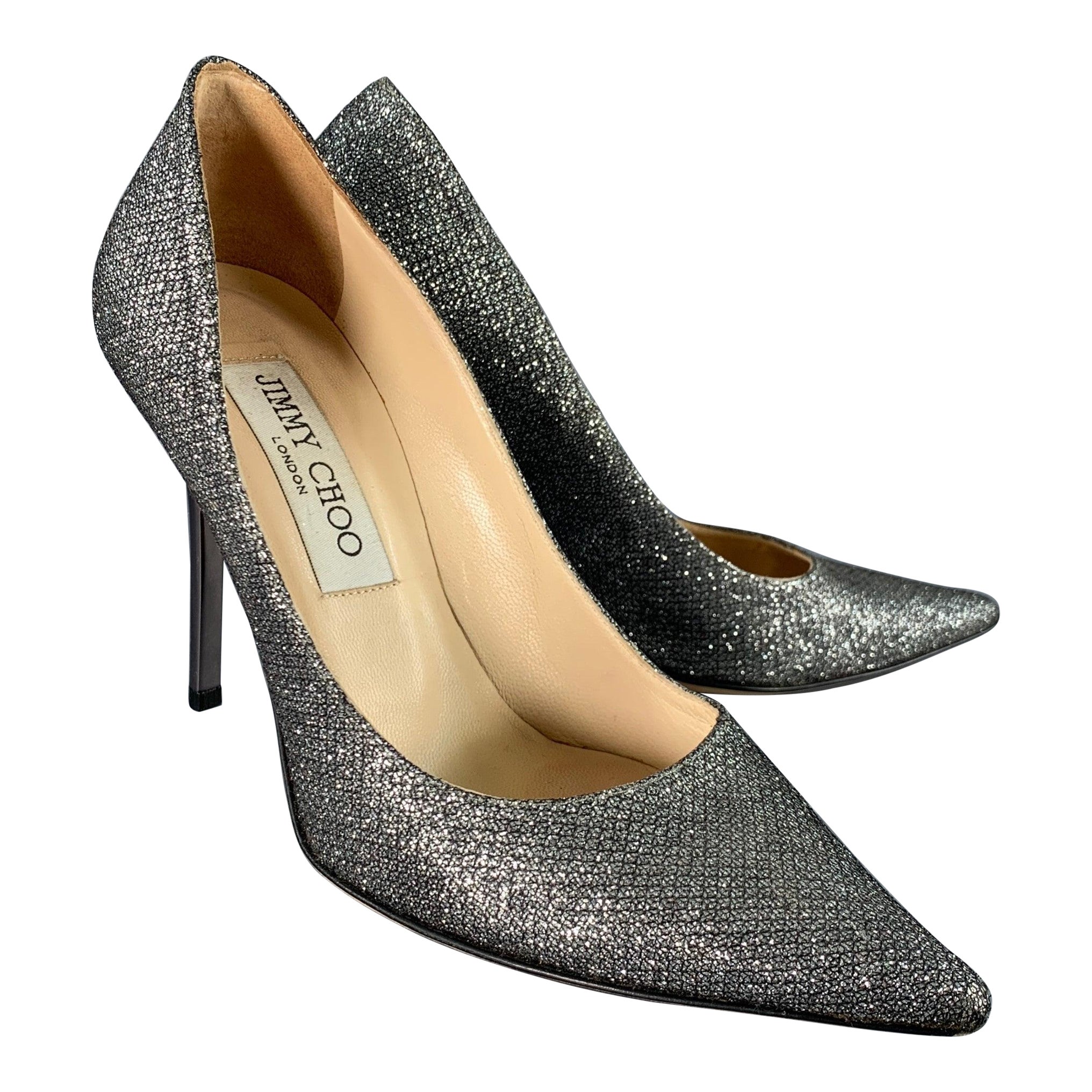 JIMMY CHOO Size 4 Silver Glitter Pointed Toe Stiletto Pumps For Sale