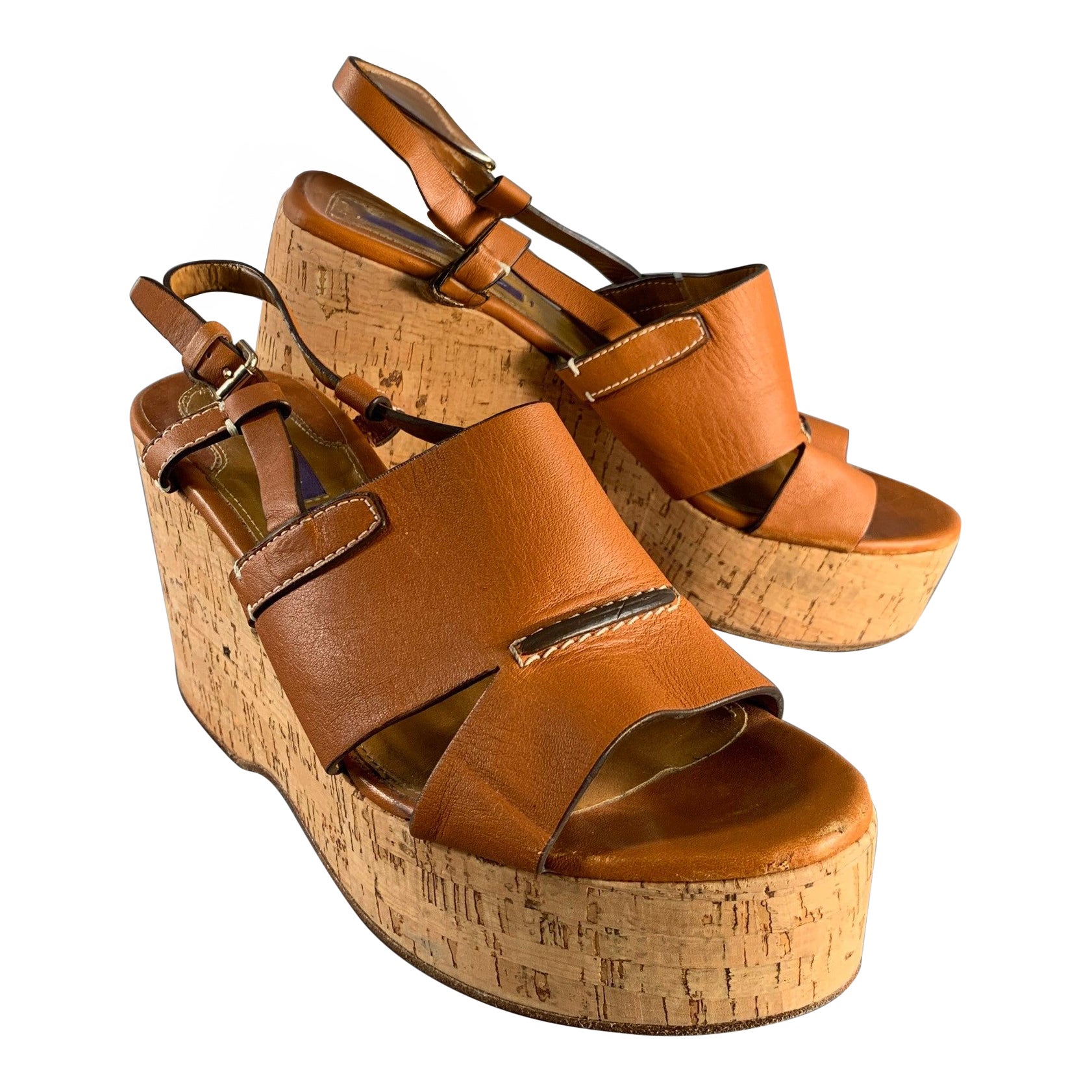 RALPH LAUREN Size 10 Tan Natural Leather Platform Sandals For Sale