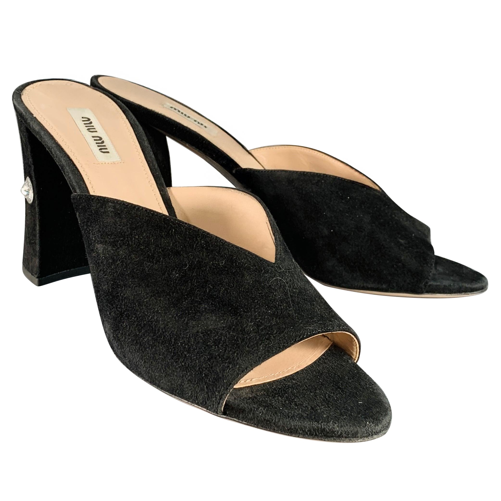 MIU MIU Size 11 Black Suede Rhinestone Peep Toe Sandals For Sale