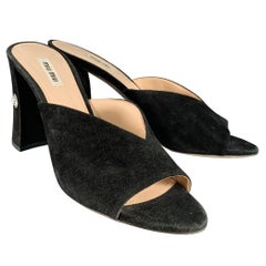MIU MIU Size 11 Black Suede Rhinestone Peep Toe Sandals