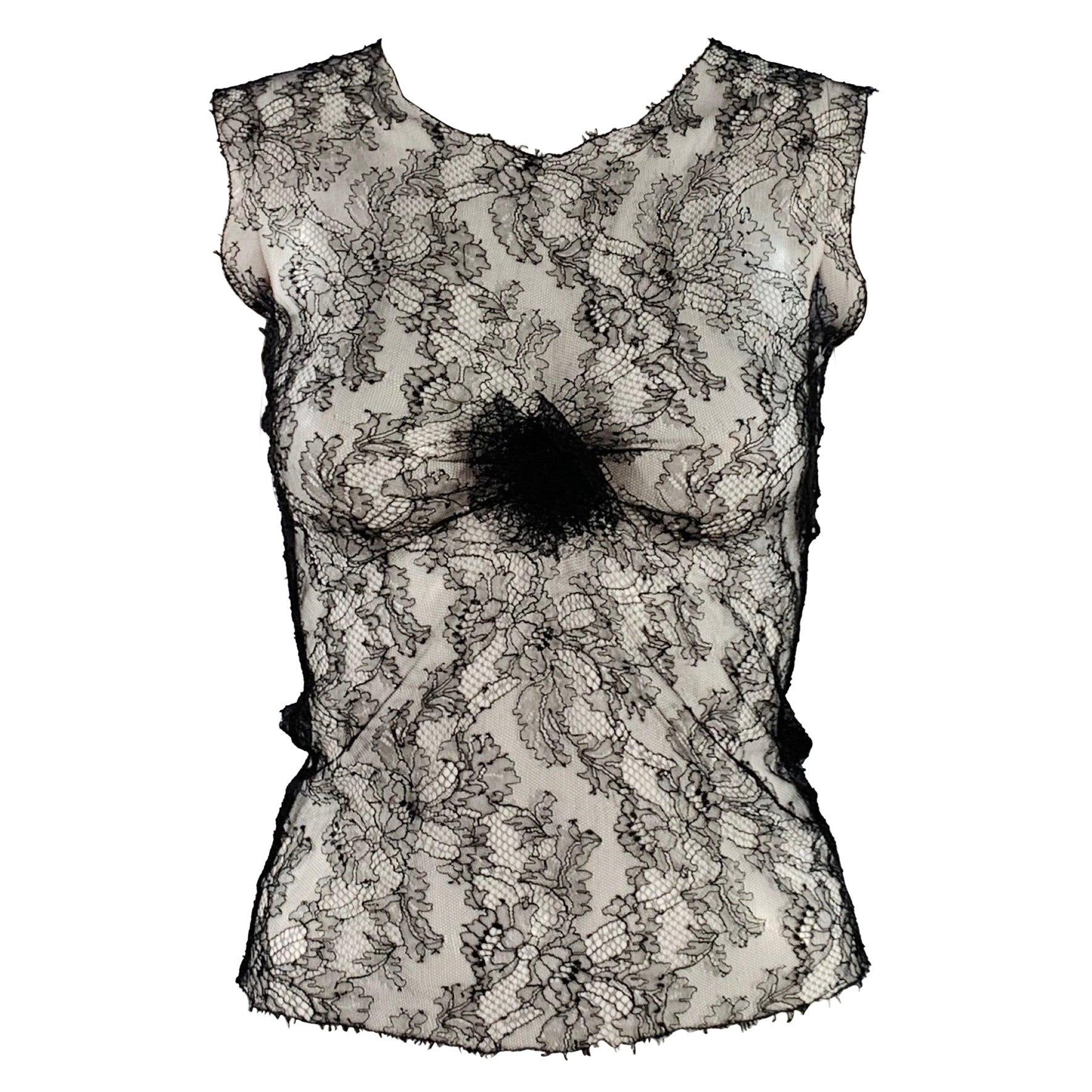 CHANEL Size M Black Lace Camellia Sleeveless Dress Top For Sale
