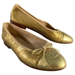 CHANEL Size 10 Gold Sequined Ballet Flats