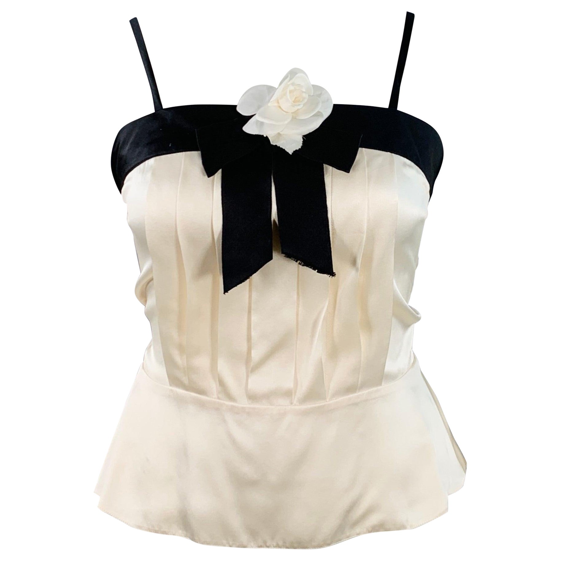 CHANEL Vintage 90s Size 10 Black Cream Silk Camisole Camellia Dress Top For Sale