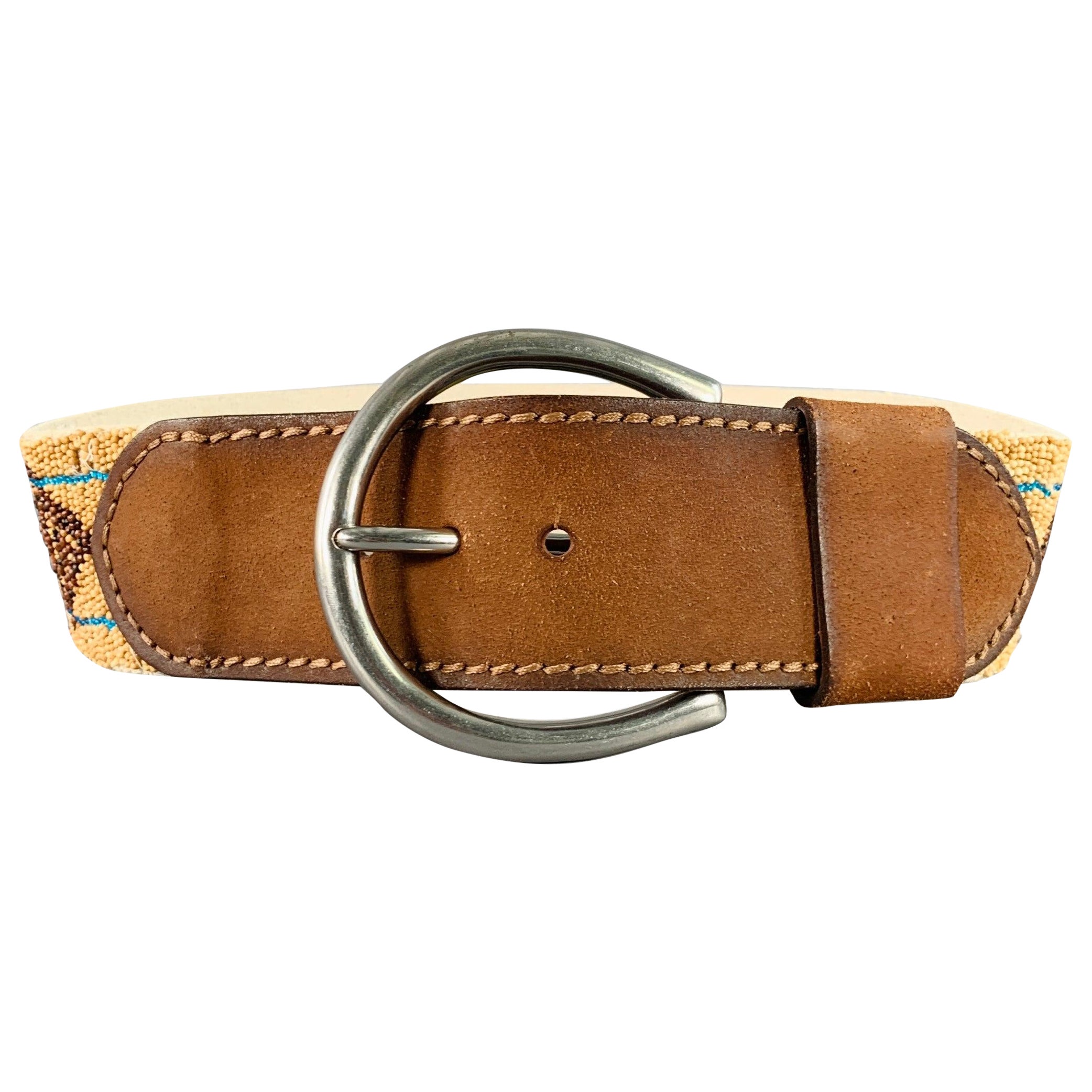 RALPH LAUREN Size M Beige Turquoise Brown Leather Beaded Belt For Sale