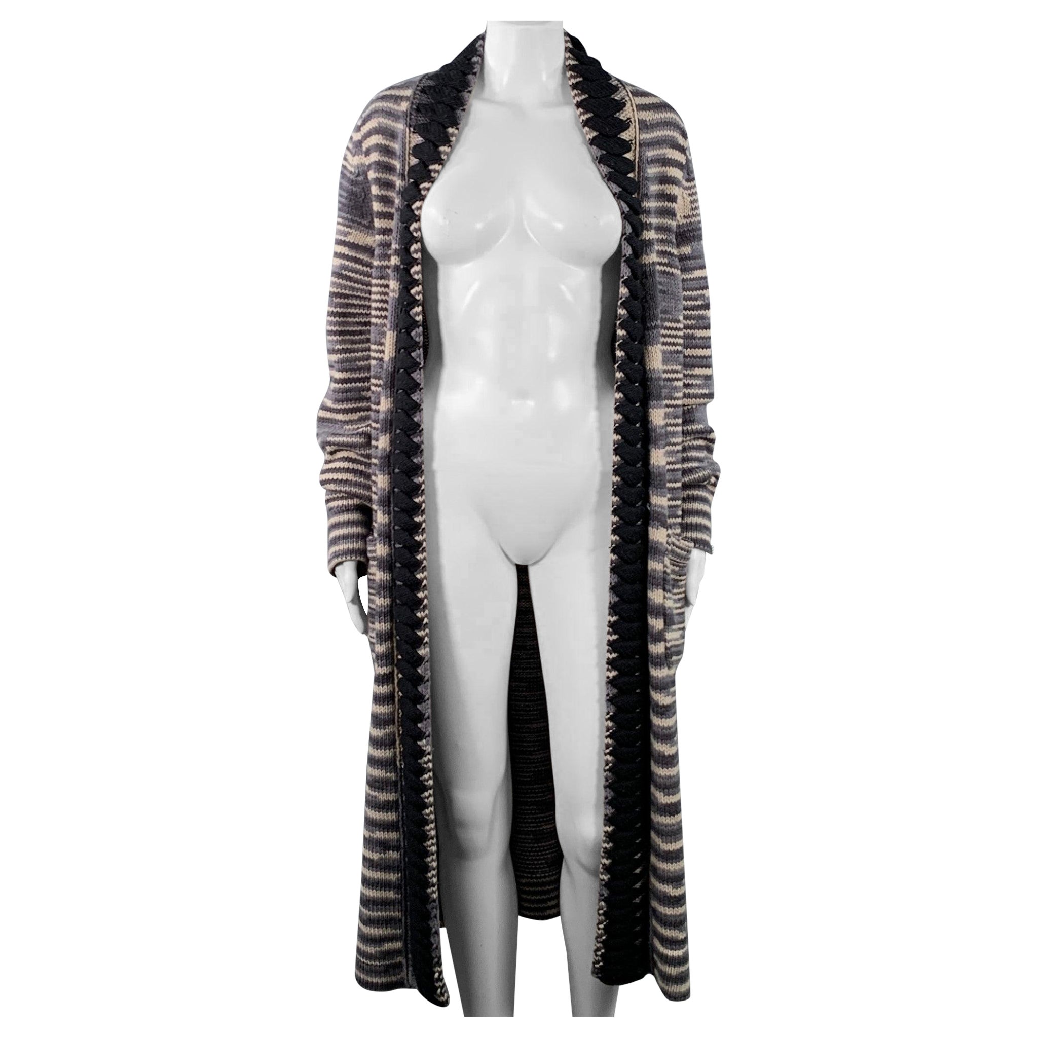 MISSONI Size 6 Grey Black White Cashmere Wool Stripe Open Front Long Cardigan For Sale