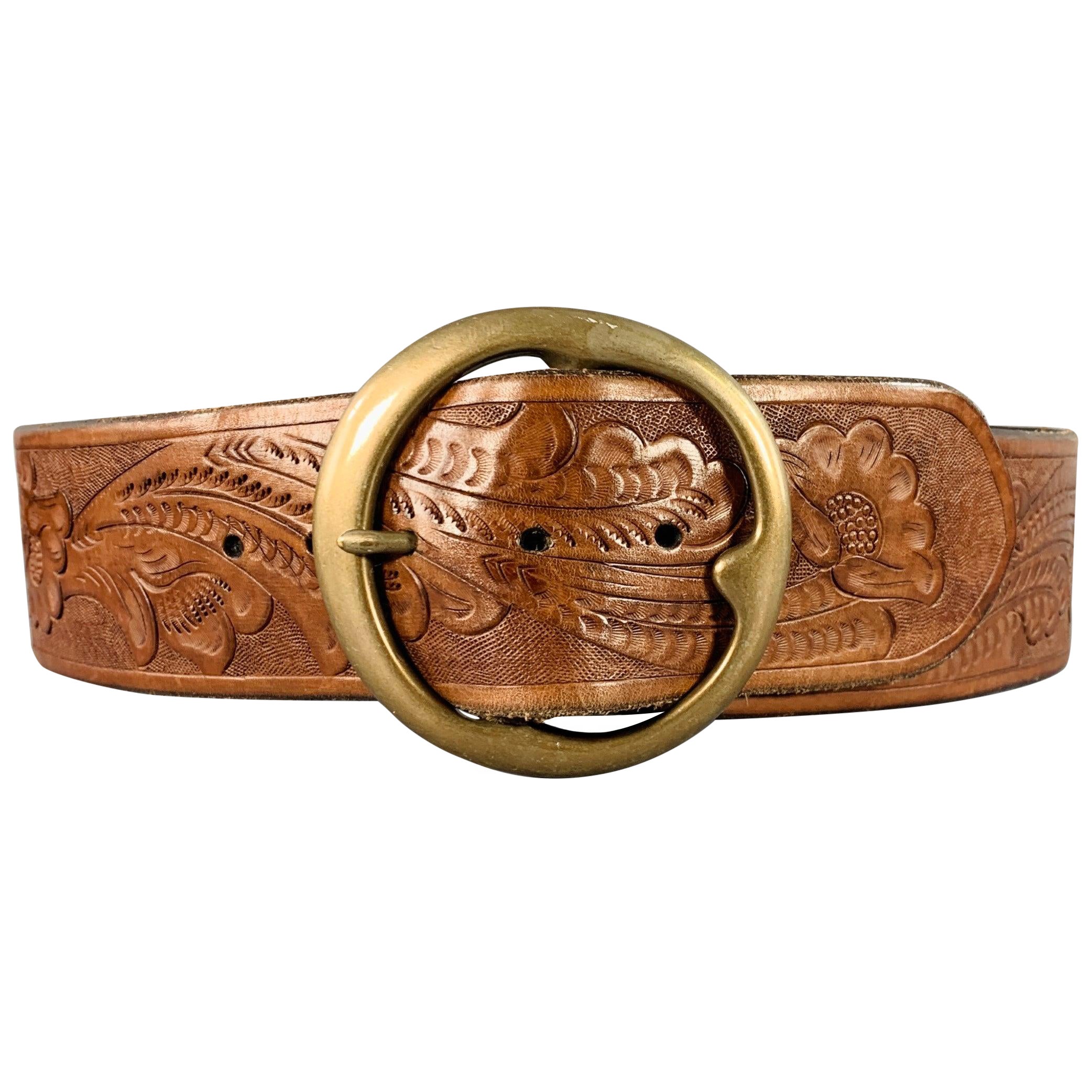 RALPH LAUREN Size M Brown Brass Embossed Leather Belt For Sale