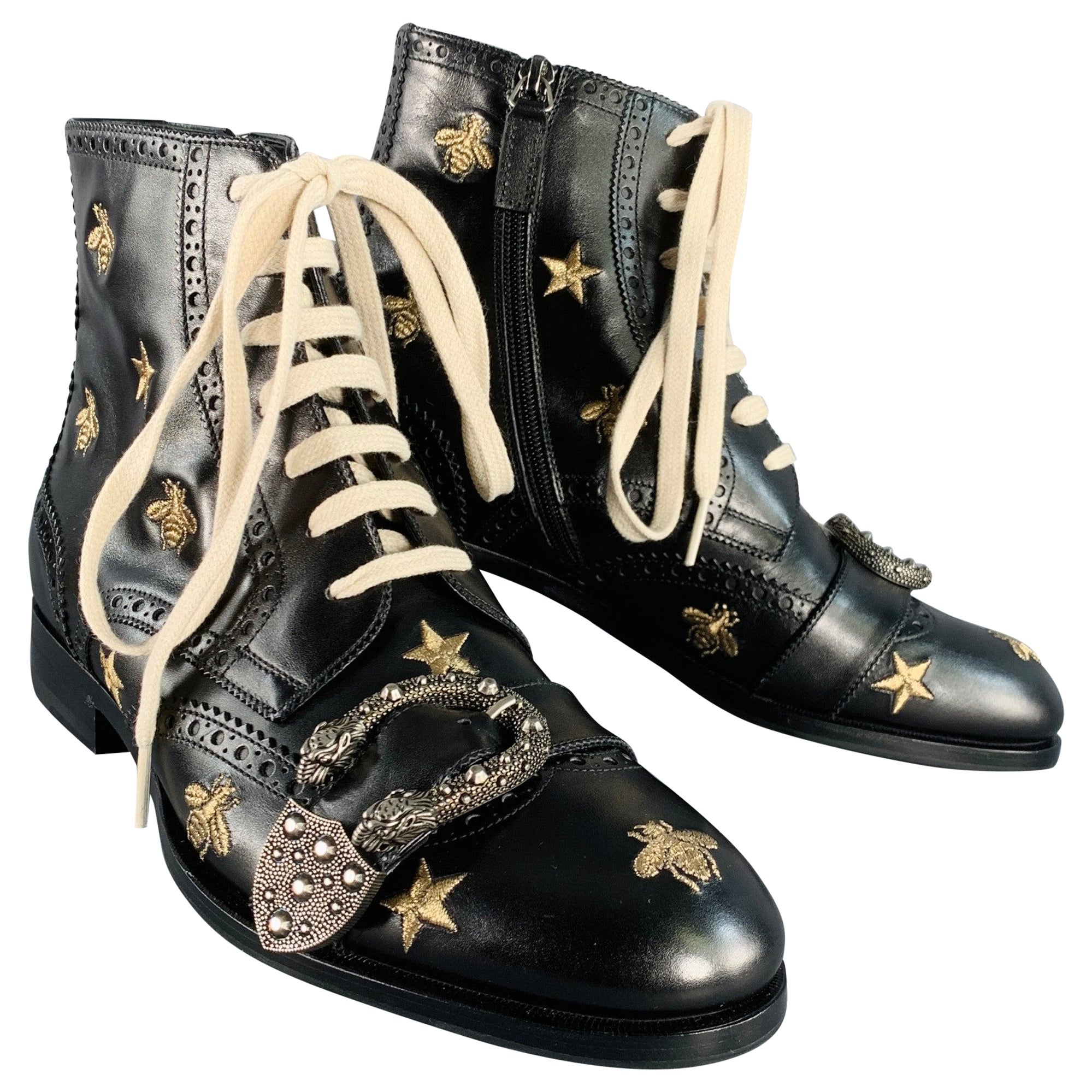 Gucci Size 8.5 Dionysus Black Silver Gold Bee Stars Embroidery Buckle Boots en vente
