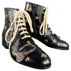 GUCCI Size 8.5 Dionysus Black Silver Gold Bee Stars Embroidery Buckle Boots
