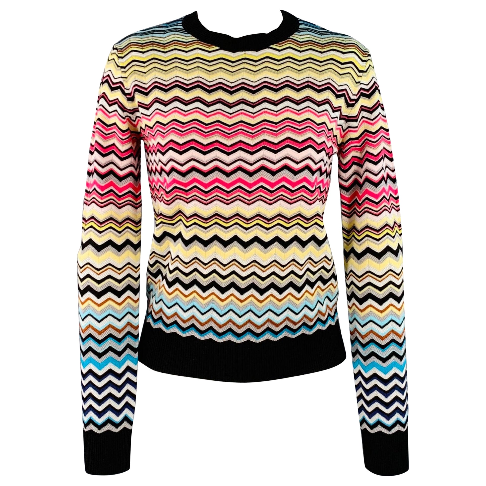 MISSONI Size S Black Multi Color Cotton Blend Zig Zag Crew Neck Pullover For Sale