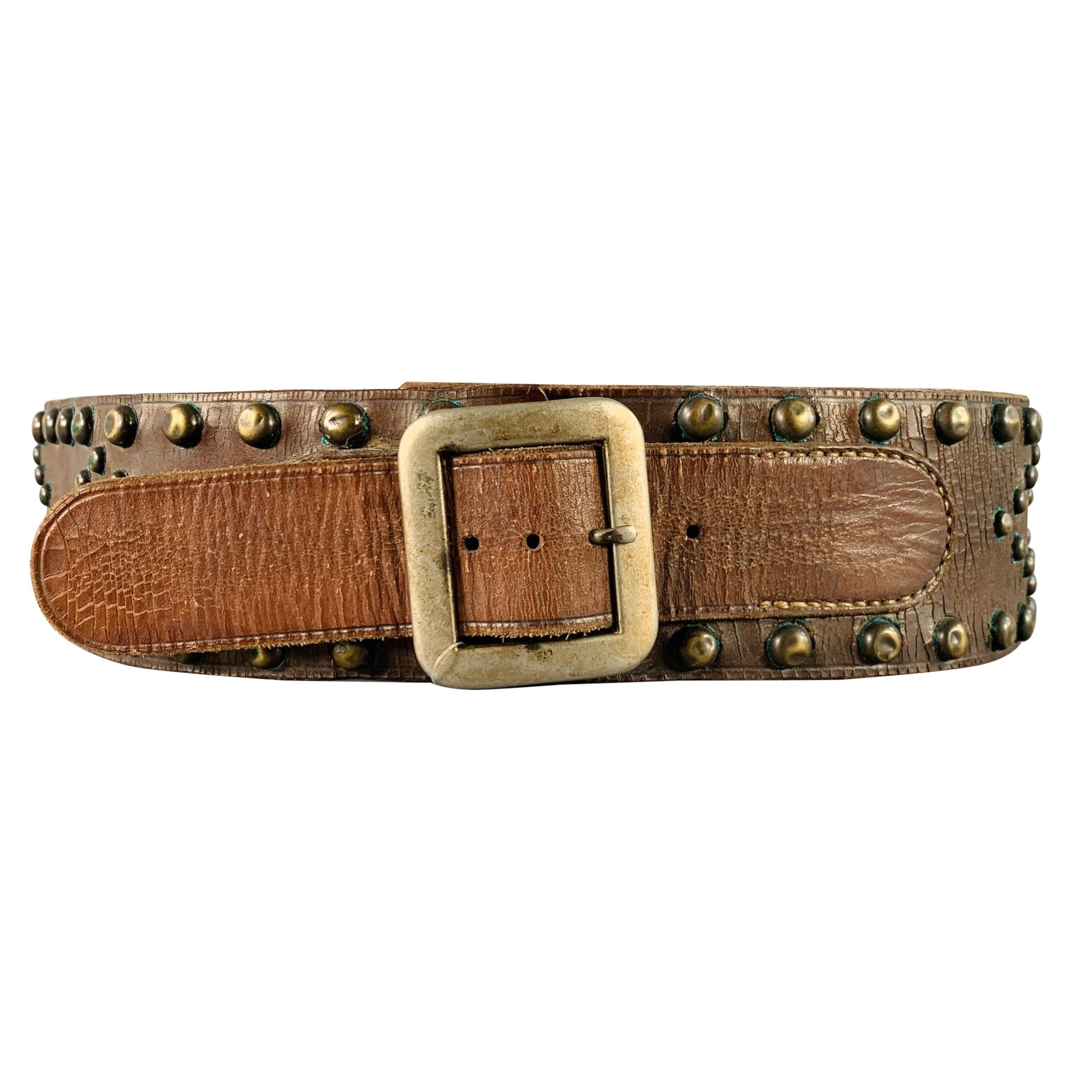 RALPH LAUREN Size M Brown Brass Studded Leather Western Belt For Sale