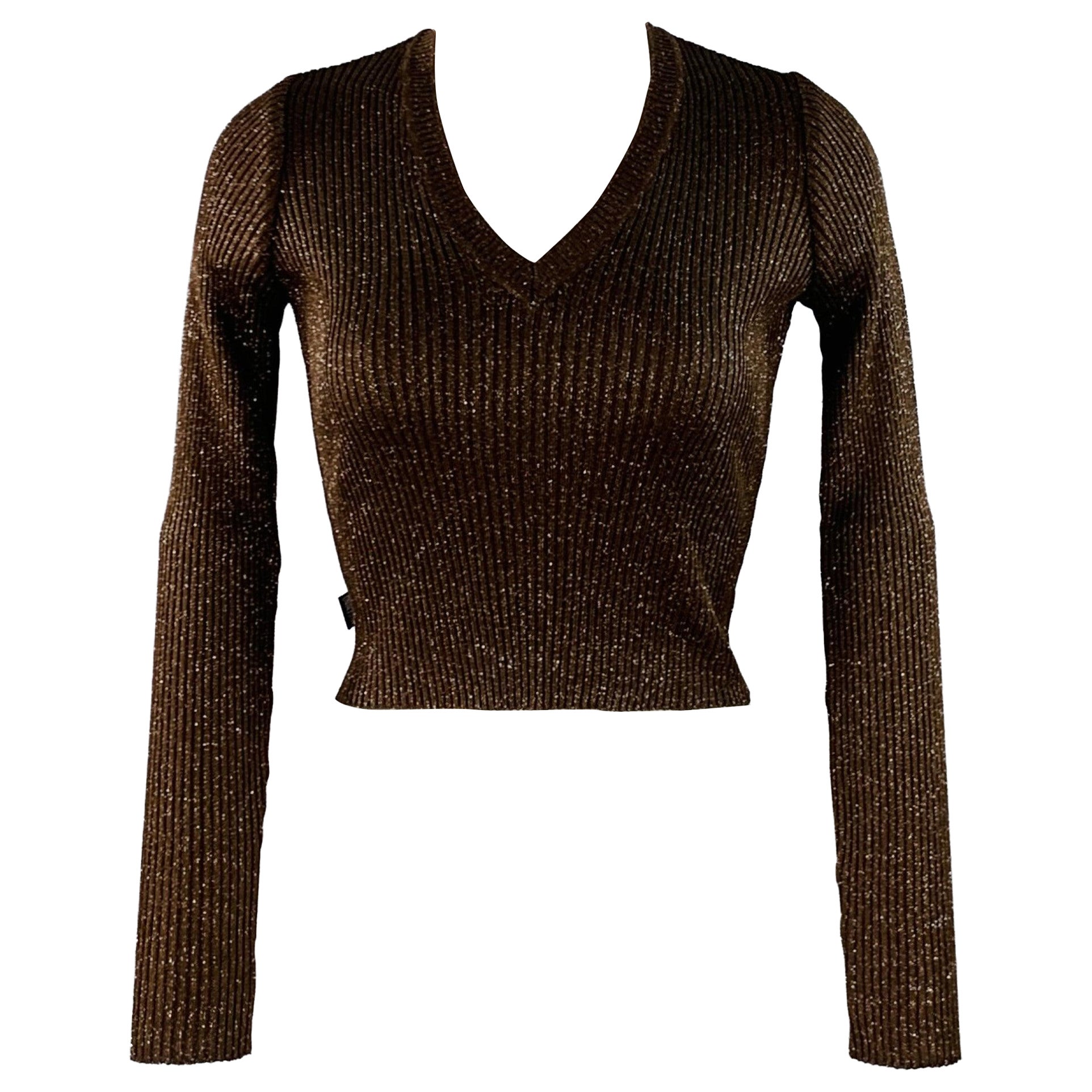 MOSCHINO JEANS Size 6 Brown Gold Acetate Blend Rib Knit V-Neck Pullover For Sale