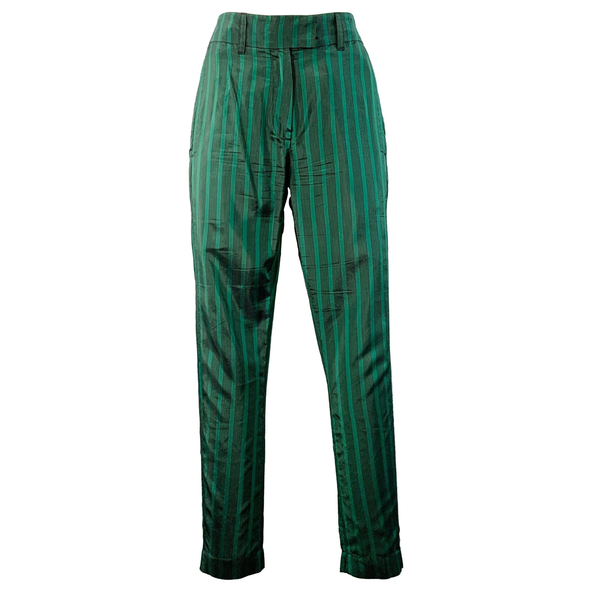 ANN DEMEULEMEESTER Größe 6 Grün Schwarz Cupro Stripe Flat Front Dress Pants im Angebot