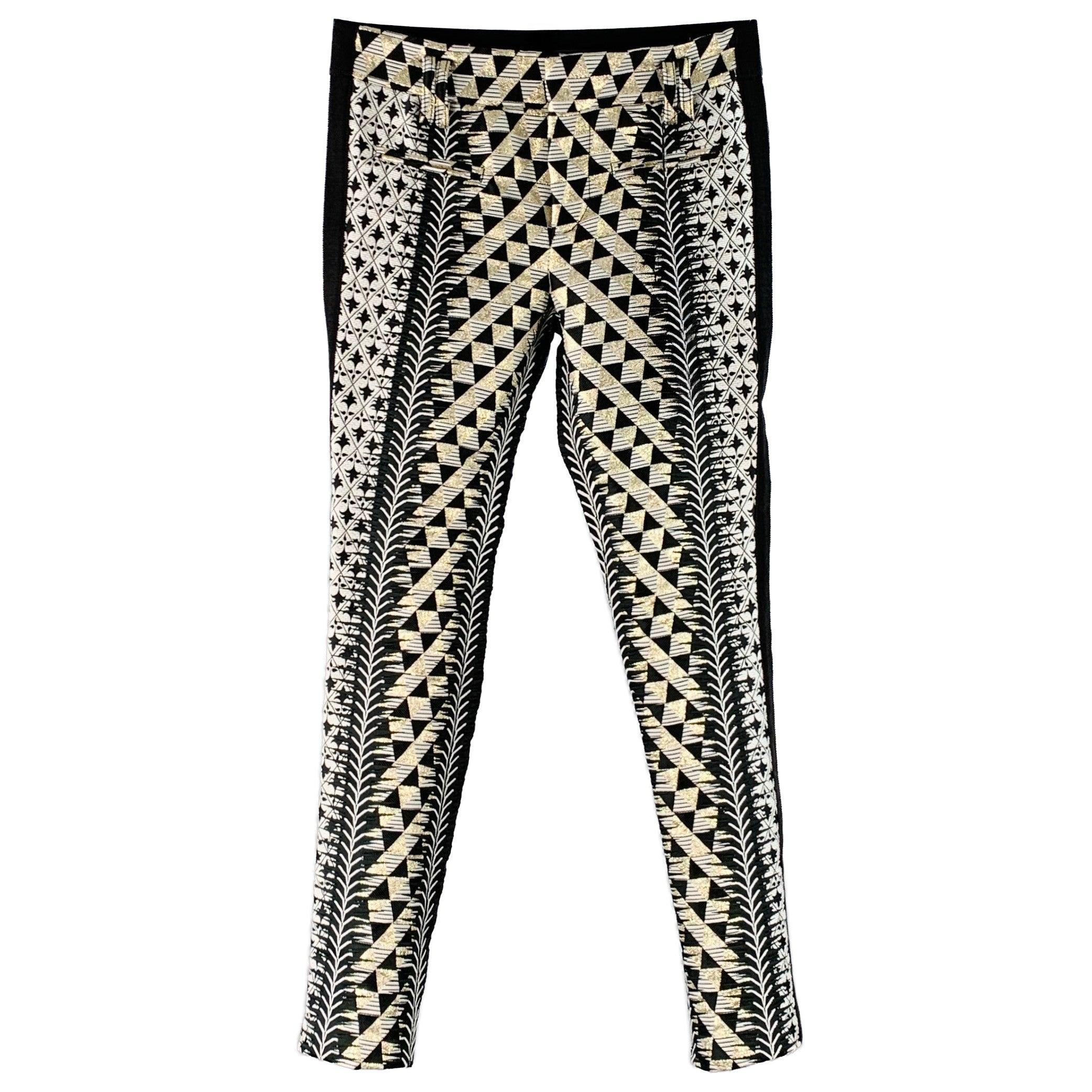 HAIDER ACKERMANN Talla 28 Negro Blanco Oro Jacquard Mezcla de Poliéster Pantalones de vestir ajustados en venta