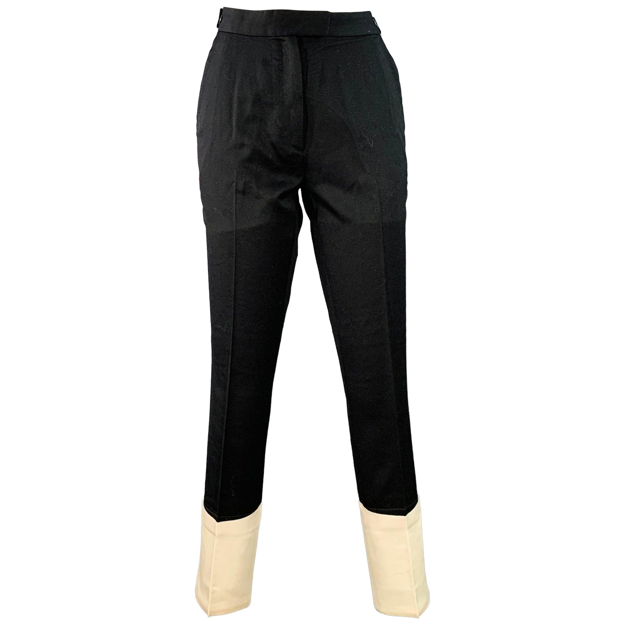 HELMUT LANG Taille 4 Black White Side Tabs Satin Cuffs Dress Pants en vente