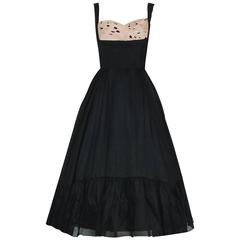 1950's Oleg Cassini Black & Pink Polka Dot Silk Shelf-Bust Full Party Dress 2
