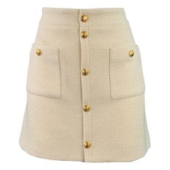 Celine Size 8 Cream Wool Blend Boucle Two Pockets Snaps Mini Skirt