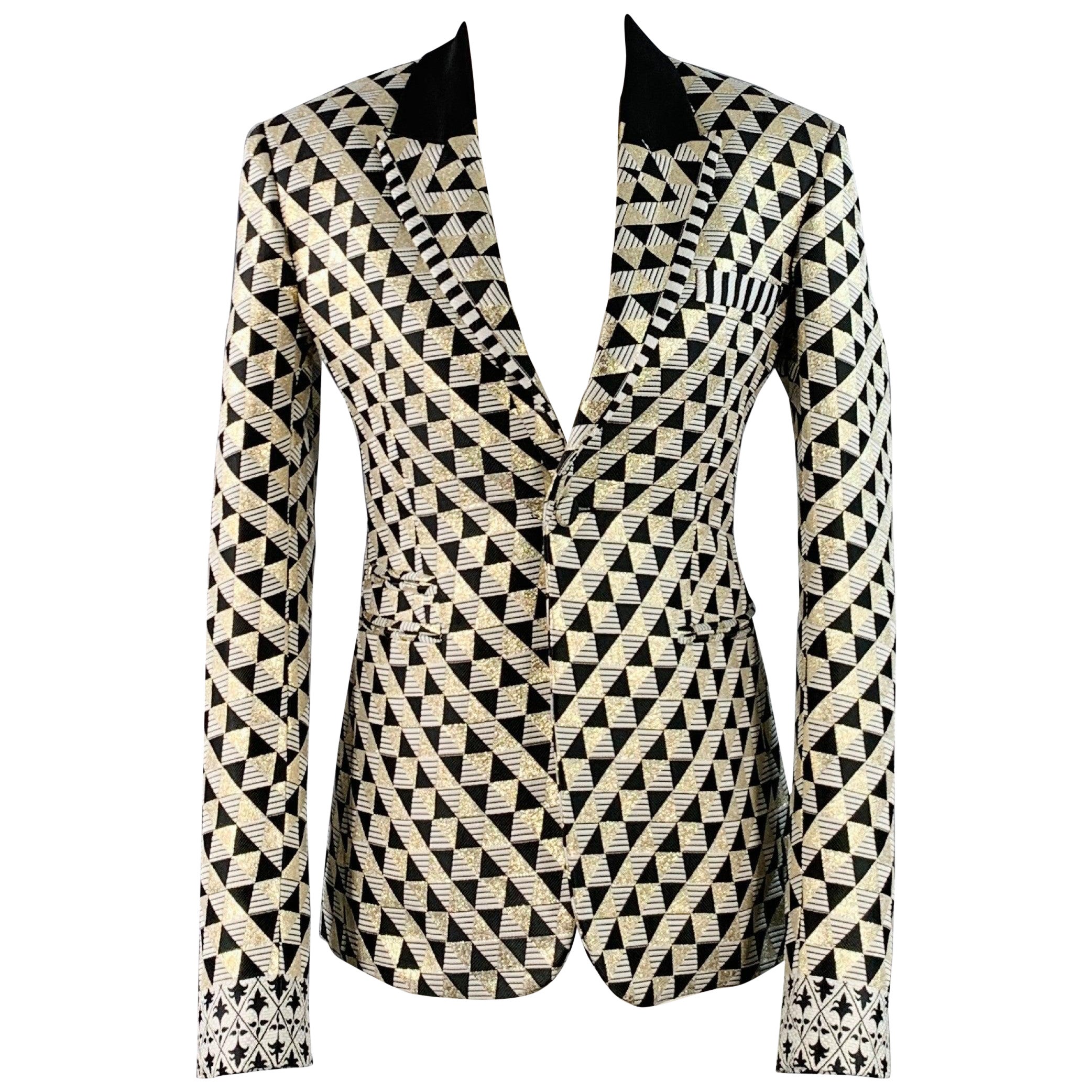 HAIDER ACKERMANN Size 34 Black White Gold Textured Geometric Tuxedo Sport Coat For Sale