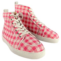 CHRISTIAN LOUBOUTIN Size 9 Pink White Checkered Fabric High Top Sneakers