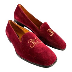RALPH LAUREN Size 9.5 Burgundy Velvet Monogram Slip On Flats