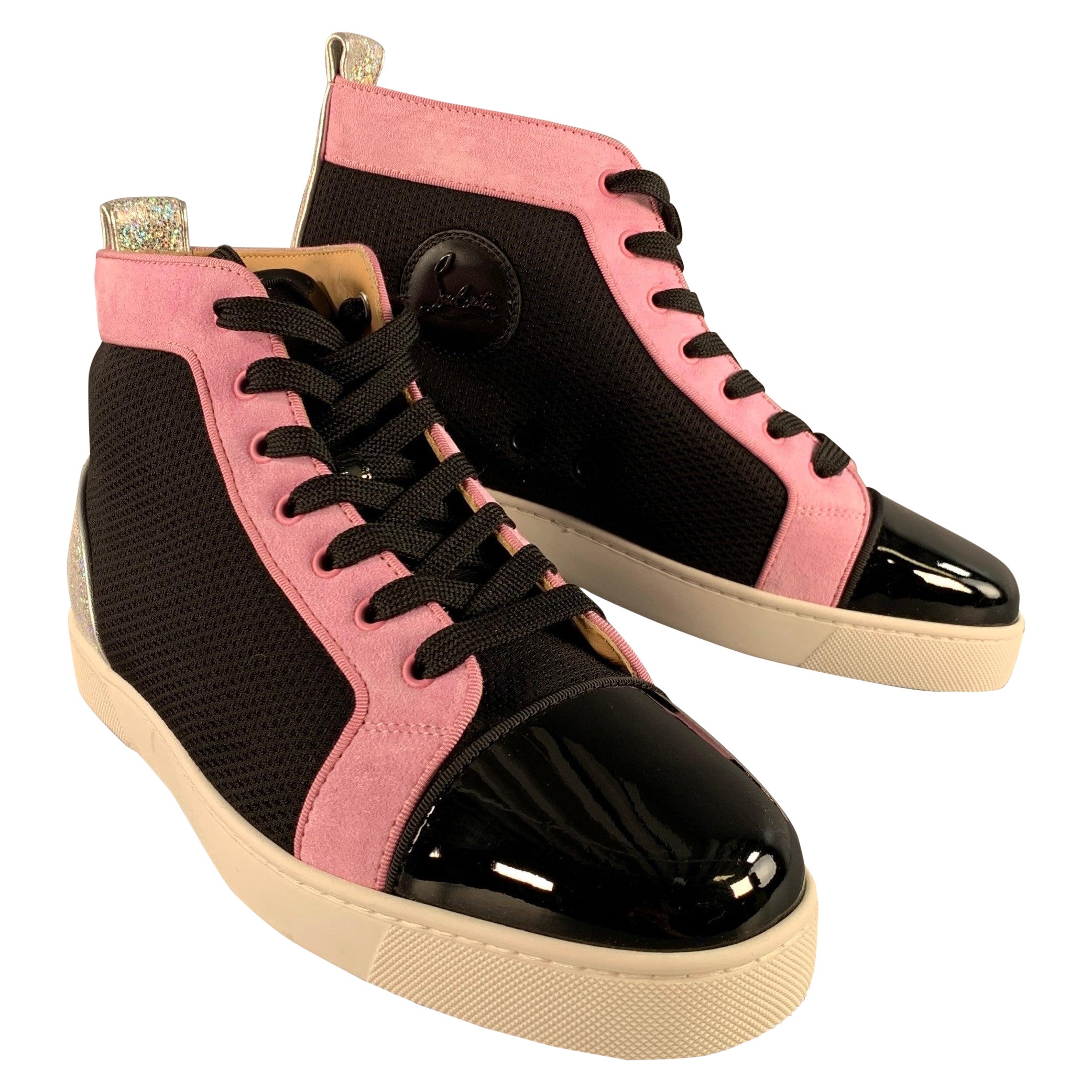 CHRISTIAN LOUBOUTIN Taille 9.5 Black Pink Mixed Materials Leather Sneakers en vente