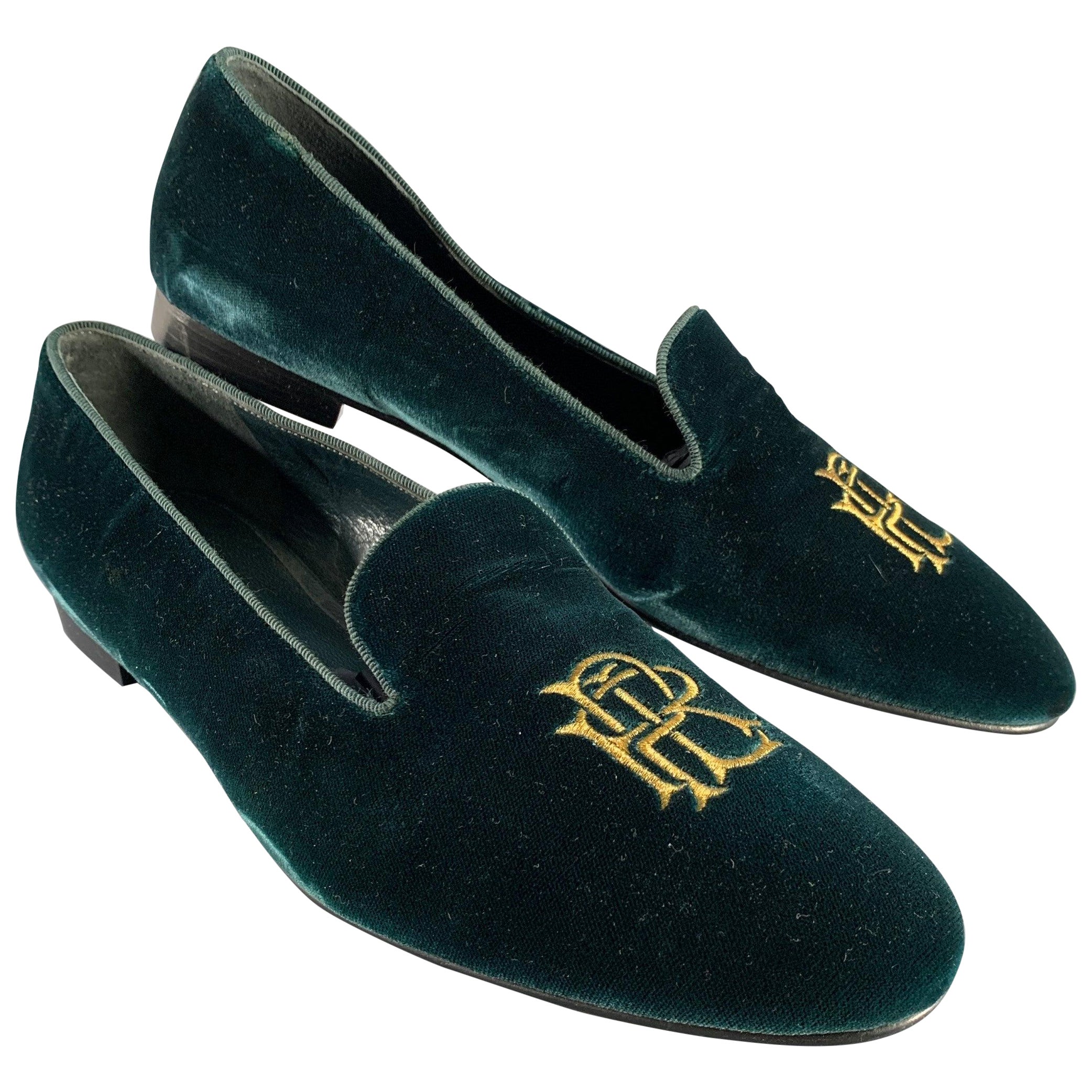 RALPH LAUREN Size 8.5 Green Velvet Monogram Slip On Flats For Sale