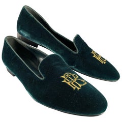 RALPH LAUREN Size 8.5 Green Velvet Monogram Slip On Flats