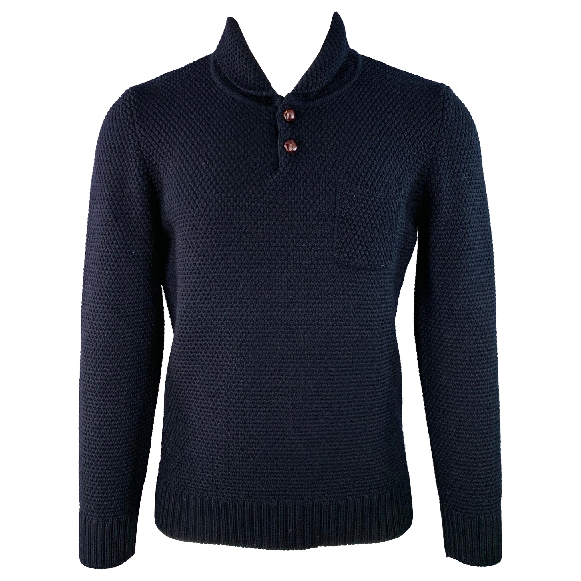A.P.C. Size S Navy Waffle Knit Wool Shawl Collar Sweater For Sale