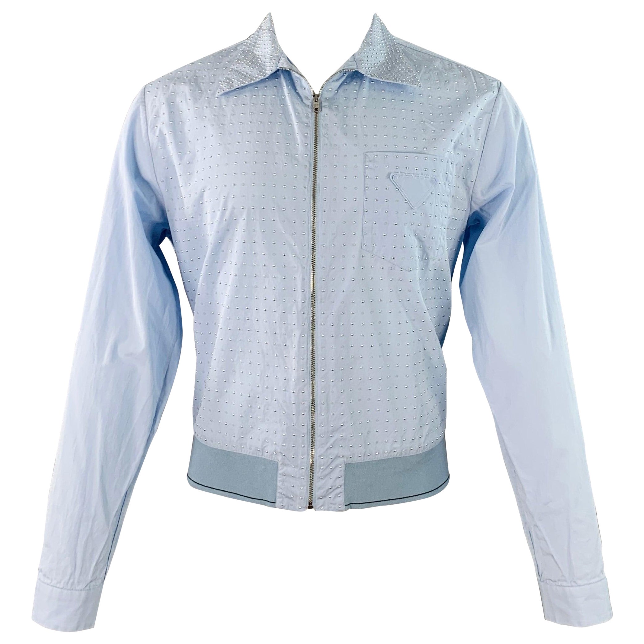 PRADA Size M Blue Silver Studded Cotton Zip Up Long Sleeve Shirt For Sale
