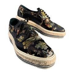 PRADA Size 11 Black Multi-Color Jacquard Floral Platform Laces